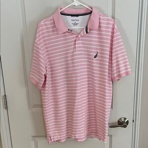 Nautica Men's Pink and White Striped Polo Shirt